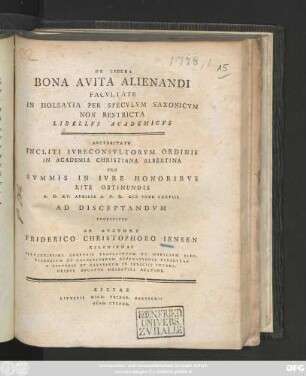De Libera Bona Avita Alienandi Facvltate In Holsatia Per Specvlvm Saxonicvm Non Restricta : Libellvs Academicvs