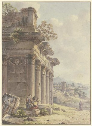 Architektonisches Capriccio: Ruinen einer Tempelfassade, im Hintergrund Landschaft mit Gebäuden und Seebucht