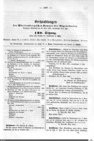 128. Sitzung, Stuttgart, 27.5.1891