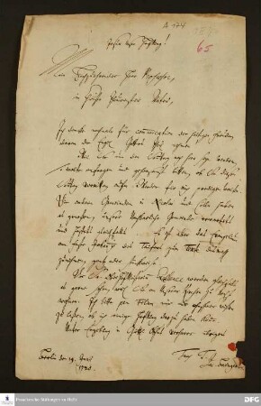 Brief von Jacob Baumgarten an August Hermann Francke.