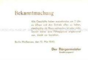 Bekanntmachung des Bürgermeisters von Berlin-Weißensee zu den Öffnungszeiten von Geschäften