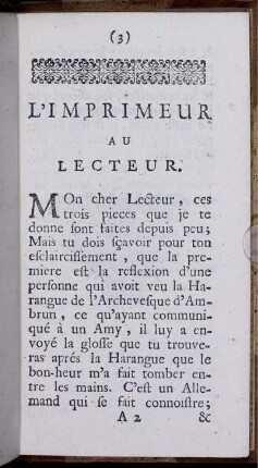 L'imprimeur au lecteur [und] Avis