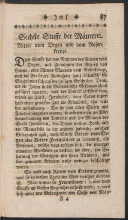 Sechste Stuffe der Mäurerei. Ritter vom Degen und vom Rosenkreuze