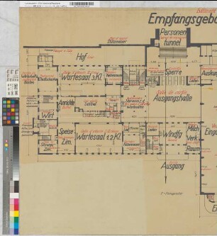 Empfangsgebäude [Bahnhof] Oberhausen: Grundriß Erdgeschoß [Beschriftung der Räume in Deutsch und Französisch], M. 1:100