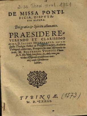 De Missa Pontificia : Dispvtatio Altera