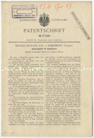 Patentschrift eines Speiseregulators für Dampfkessel, Patent-Nr. 37026