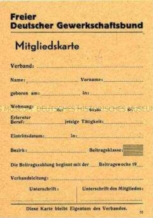 Vordruck einer Mitgliedskarte des FDGB (blanko)