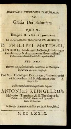 Disputatio Theologica Inauguralis. De Gratia Dei Salutifera