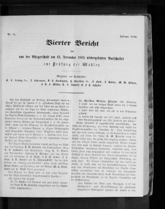 Nr. 6. Vierter Bericht des von der Bürgerschaft am 13. December 1865 niedergesetzten Ausschusses zur Prüfung der Wahlen. Februar 1866.