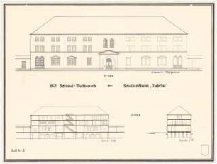 Jugenderholungsheim Schinkelwettbewerb 1943: Mittelgebäude. Ansicht von S 1:100, Schnitte 1:200