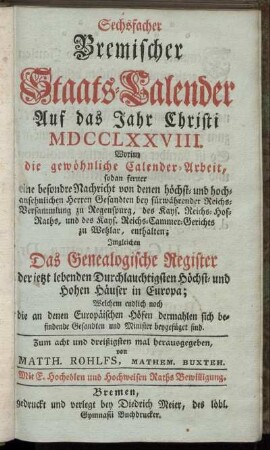 1778: Sechsfacher Bremischer Staats-Calender