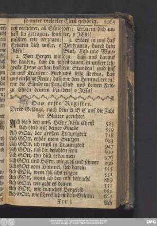 Das erste Register. Derer Gesänge, nach dem ABC auf die Zahl der Blätter gerichtet.