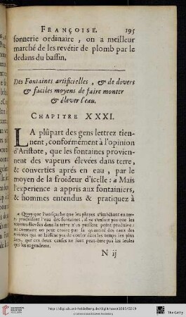 Chap. 31. : Des Fontaines artificielles, & de divers & faciles moyens de faire monter & élever l’eau