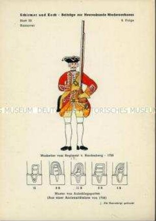 Uniformdarstellung, Musketier und Detailstudie von Ärmelaufschlägen, Kurfürstentum Hannover, um 1791.