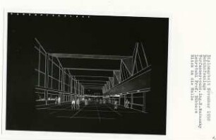 Bahnhofsanlage (Diplomarbeit bei Kurt Dübbers): Perspektivische Ansicht Halle