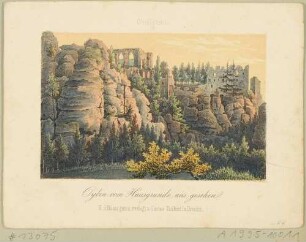 Die Burg- und Kirchenruine auf dem Oybin im Zittauer Gebirge, Blick vom Hausgrund aus nordöstlicher Richtung