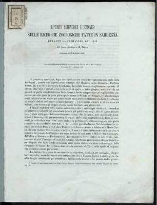 Rapporto Preliminare E Sommario Sulle Ricerche Zoologiche Fatte in Sardegna Durante La Primavera Del 1882