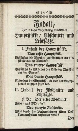 Inhalt, Der in dieser Abhandlung enthaltenen Hauptstükke / Abschnitte und Lehrsäzze.