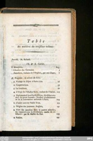 Table des matières du troisième volume.