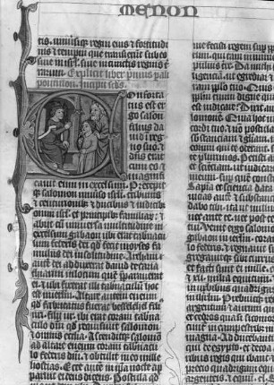 Lateinische Bibel, Teil II — Initiale E mit jungem thronendem König, der einen Knaben und einen Greis empfängt, Folio 88 a