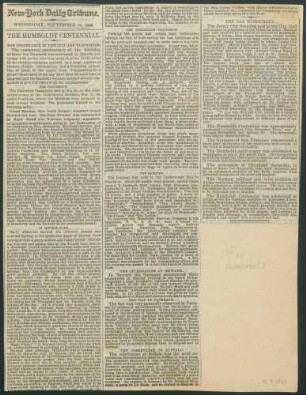 New-York Daily Tribune, Wednesday, September 15, 1869: The Humboldt Centennial