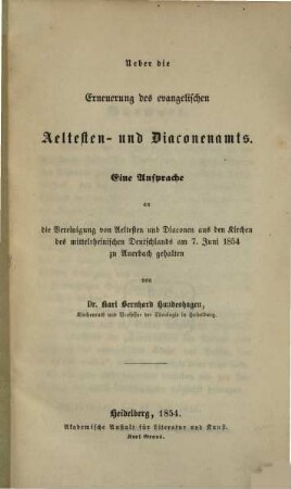 Ueber die Erneuerung des evangelischen Aeltesten- u. Diaconenamts