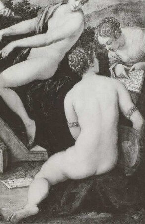 Musizierende Frauen : Tintoretto, Jacopo:. Musizierende Frauen. Ausschnitt Bildfeld rechts: drei Musen mit Notenbuch. Ölmalerei; 142 x 214 cm. Dresden: Gemäldegalerie Alte Meister Kat. 1908, Nr. 265