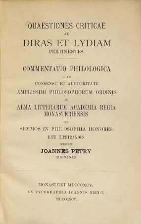 Quaestiones criticae ad Diras et Lydiam pertinentes