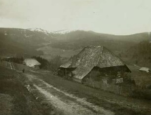 Schwarzwald, Seebachtal : Blick in westliche Richtung in Seebachtal und Bärental, Weg zu Einzelhöfen, links im Hintergrund der Feldberg