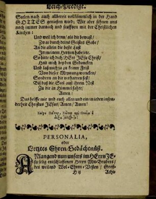 Personalia, oder Letztes Ehren-Gedächtnüß.