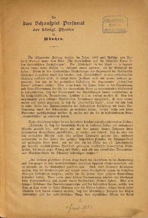 An das Schauspiel-Personal der königl. Theater in München : [die ?? "Shakespeare-Bühne" betr.]