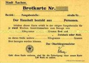 Brotkarte der Stadt Aachen für einen Haushalt (blanko)
