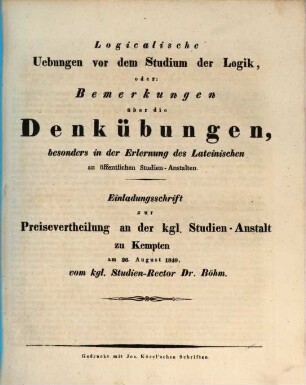 Logicalische Uebungen vor dem Studium der Logik, oder: Bemerkungen über die Denkübungen, besonders in der Erlernung des Lateinischen an öffentlichen Studien-Anstalten