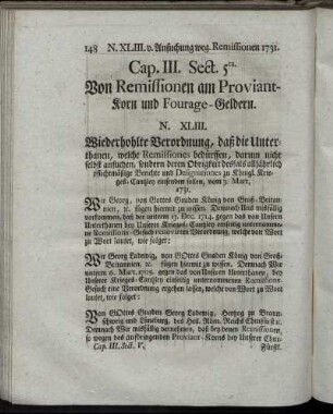 Cap. III. Sect. 5ta. Von Remissionen am Proviant-Korn und Fourage-Geldern.