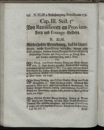 Cap. III. Sect. 5ta. Von Remissionen am Proviant-Korn und Fourage-Geldern.