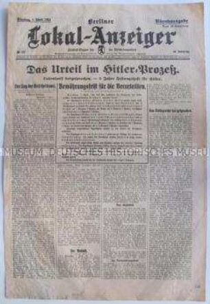 Titelblatt des "Berliner Lokal-Anzeiger" zur Urteilsverkündung im Prozess gegen Hitler und Co. wegen des Putschversuches im November 1923