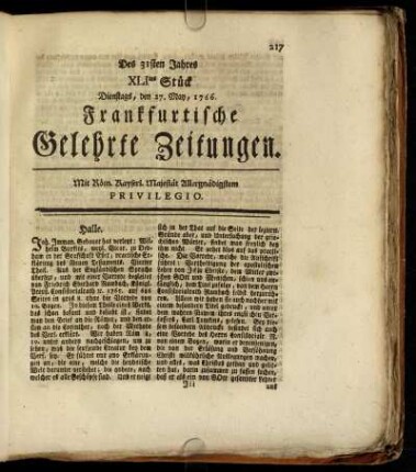 XLItes Stück Dienstags, den 27. May, 1766. - Ltes Stück Freytags, den 27. Junii, 1766.
