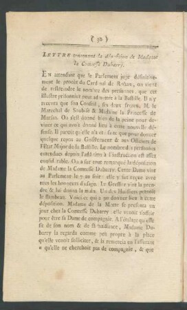 Lettre contenant la déposition de Madame la Comtesse Dubarry