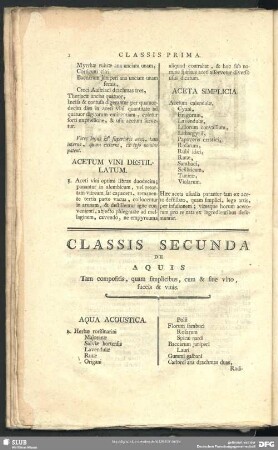 Classis Secunda De Aquis Tam compositis, quam simplicibus, cum & sine vino succis & vinis