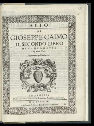 Gioseppe Caimo: Il secondo libro di canzonette à quattro voci ... Alto