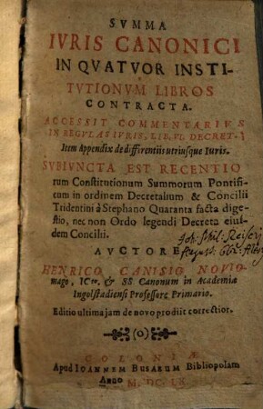 Svmma Ivris Canonici : In Qvatvor Institvtionvm Libros Contracta
