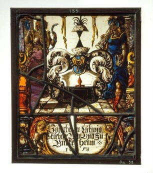 Kabinettscheibe mit Wappen des Joachim Stiebar von Buttenheim und den Tugendpersonifikationen der Klugheit und der Stärke