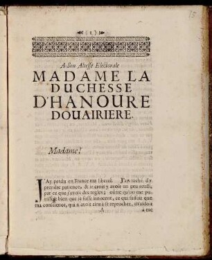 A Son Altesse Electorale Madame La Duchesse D'Hanoure Douairiere