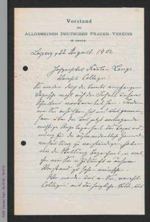 Brief von Henriette Goldschmidt, Käthe Windscheid, Johanna Brandstetter und Louise Pache an Helene Lange
