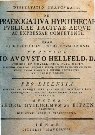 Dissertatio Inavgvralis De Praerogativa Hypothecae Pvblicae Tacitae Aeqve Ac Expressae Competente