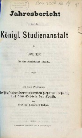Jahresbericht über die Kgl. Studienanstalt in Speier : für das Studienjahr .... 1879/80