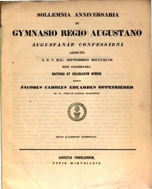 Quaestiones Lucretianae : Sollemnia anniversaria in Gymnasio Regio Augustano . .