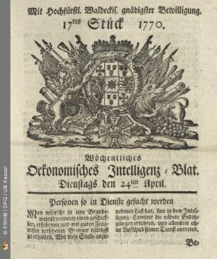 17tes Stueck, Dienstags den 24ten April 1770