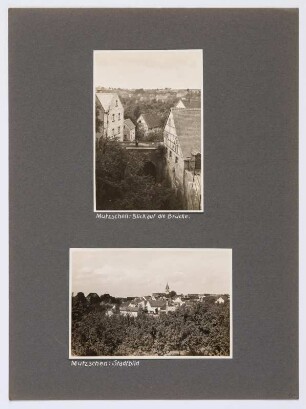 Referenzmappe 3/17 des Fotografen Walter Möbius : Mappenblatt 42 mit zwei Fotografien (Brücke und Stadtansicht Mutzschen)