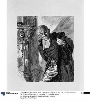 Adam zieht, rechts neben einem Kachelofen stehend, seinen Richtertalar an, zu Heinrich von Kleist "Der Zerbrochene Krug"
